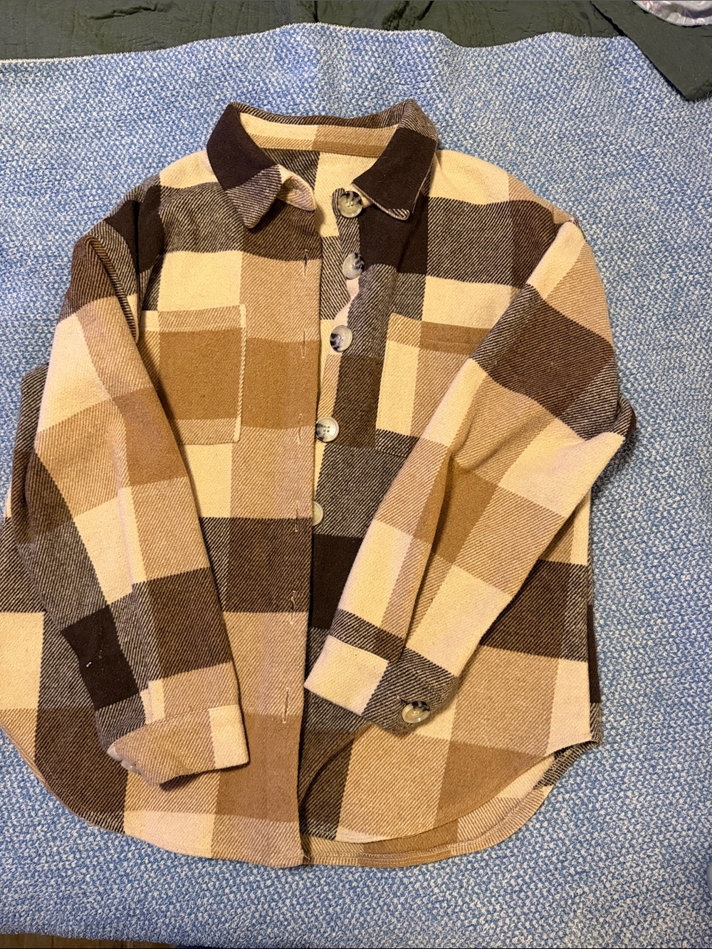 Plaid Button-Up Shacket in Cream and Brown